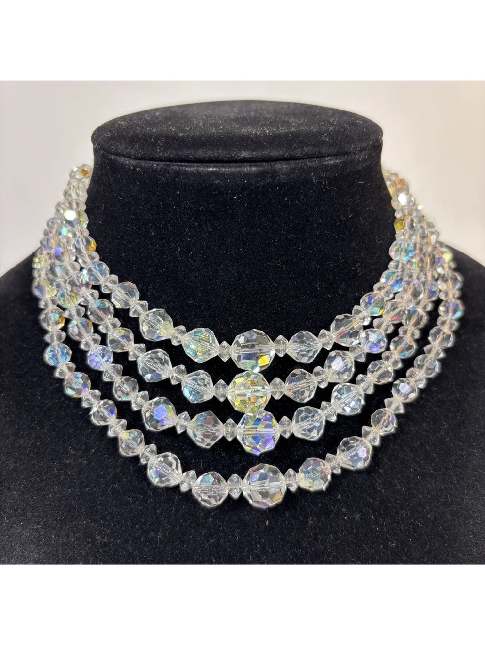 Aurora Borealis AB Crystal Faceted 4 Strand Vintage Necklace Choker 13.25" - 1"